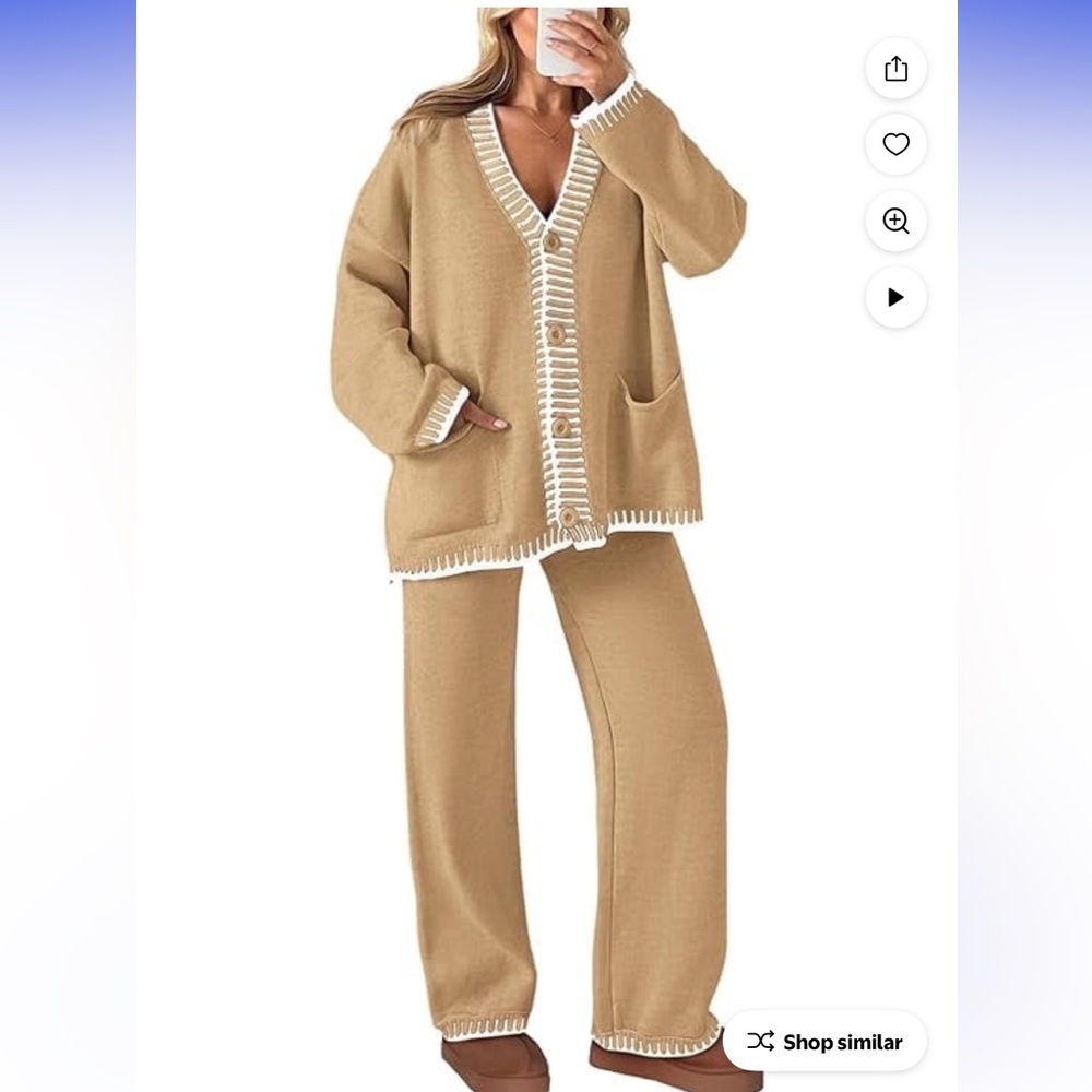 B62 Beige Contrast-Trim Cardigan Sweater Set - Women